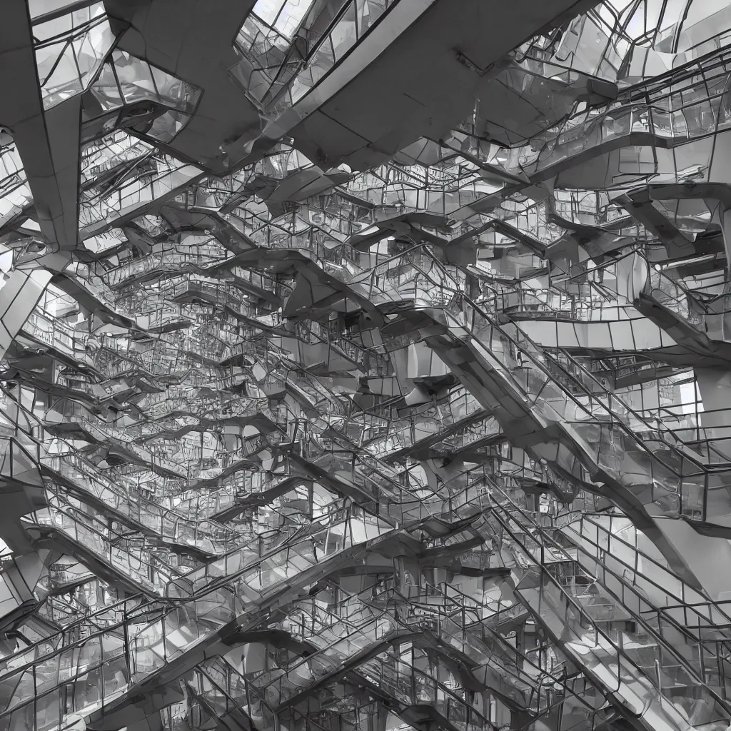 Prompt: m. c. escher - esque escalators that lead to nowhere