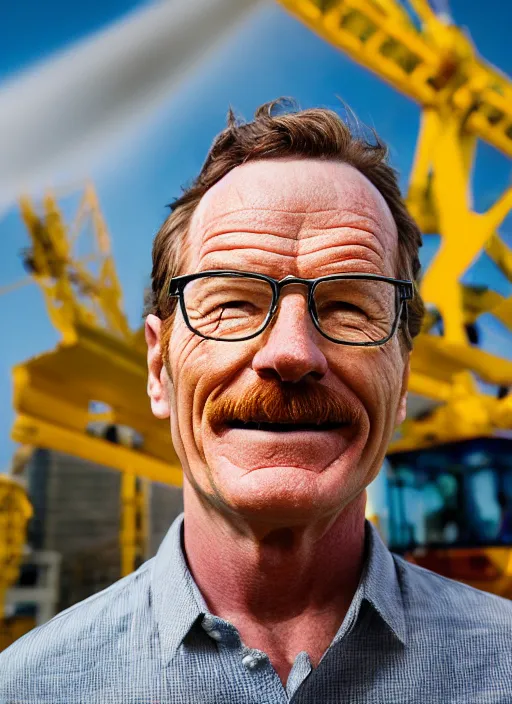 Image similar to closeup portrait of cheerful bryan cranston controlling a crane, sitting in a crane, yellow hardhat, sitting in a crane, natural light, bloom, detailed face, magazine, press, photo, steve mccurry, david lazar, canon, nikon, focus