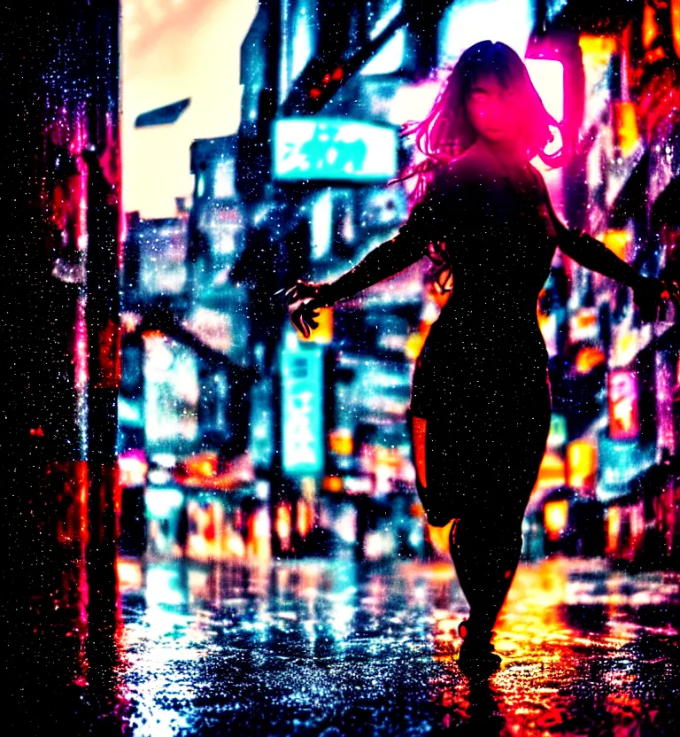 Image similar to a photo close up cyberpunk woman dancing in the rain, cyberpunk hiroshima, prefecture streets, sunset, photorealistic, cinematic lighting, highly detailed, bokeh, style by tomino - sama