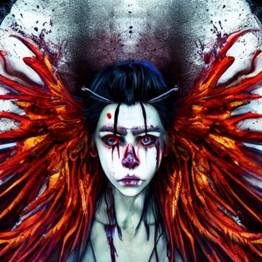 Image similar to 4K headshot of godlike Billie Eilish with defined arms and open hands and bloody clothes with giant mandala wings , intricate runny clown face make-up , flawless anime cel animation by Kentaro Miura, psychedelic , highly detailed upper body , professionally post-processed , beautiful, scary, symmetry accurate features, epic, octane rendered, anime masterpiece, accurate