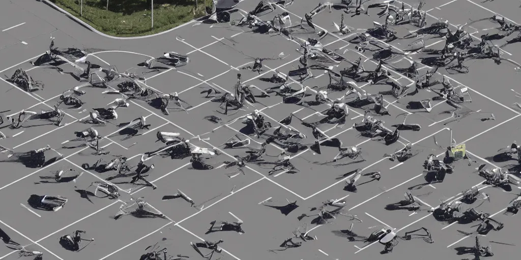 Prompt: a highly detailed photo of robot aliens landing in Walmart parking lot, featured on Artstation