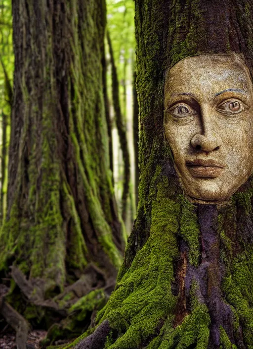 Image similar to photograph of hyperrealistic hyperdetailed ancient face inside a tree covered with bark and moss, in a dark mysterious forest at sunset