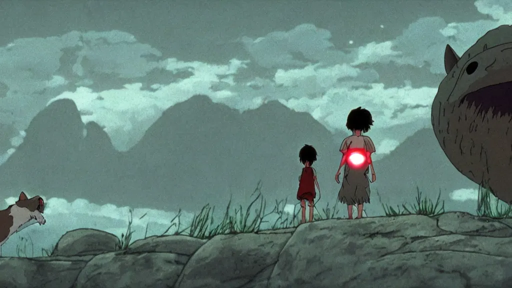 Image similar to a cell shaded cartoon movie still from princess mononoke ( 1 9 9 7 ) showing a ufo from independence day ( 1 9 9 6 ). very dull muted colors, hd, 4 k, hq