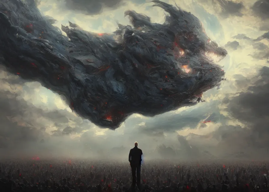 Image similar to large abstract painting of giant grinning evil dynamic unfocused Joe Biden head emerging from cosmic clouds at giant immense crowd of person army, trending on ArtStation, masterpiece, by Greg Rutkowski, by Ross Tran, by Fenghua Zhong, octane, lightbeam eyes, soft render, clear facial features, oil on canvas,, moody lighting, cinematic, professional environment concept art