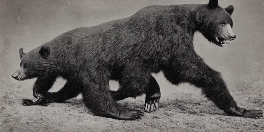 Prompt: anthropomorphic asian black bear falling over, 1900s photo