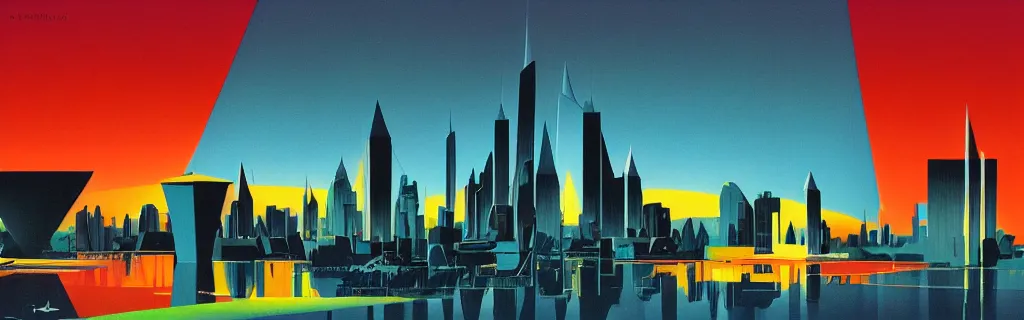 Prompt: sci - fi city with floating faceted angular buildings, modernism, gouache, animated film, stylised, illustration, by eyvind earle, scott wills, genndy tartakovski, syd mead