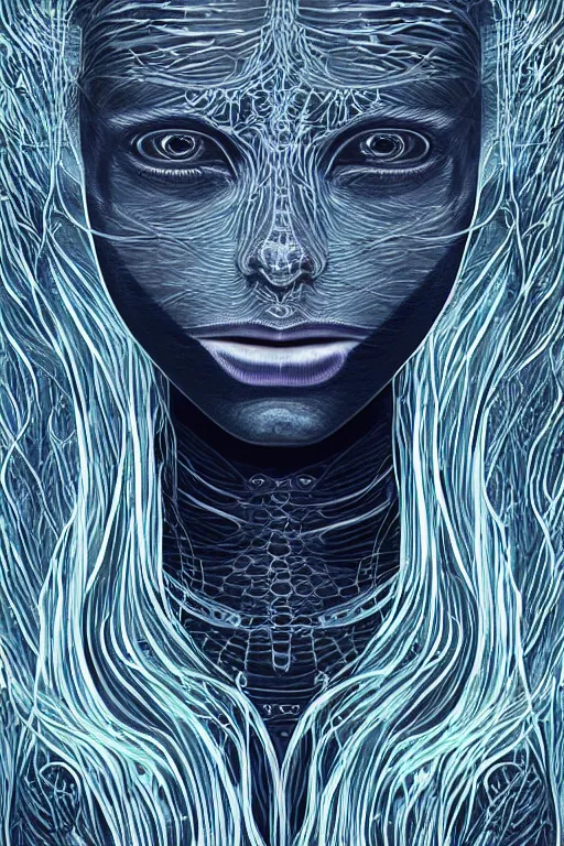 Image similar to dark underwater portrait of one Bioluminescent ancient woman, with reaction diffusion semi-transparent skin. face closeup. long intricate dark hair. good face proportions. with many jellyfishes. very high detail, illustration, by alex grey and Ilya Kuvshinov