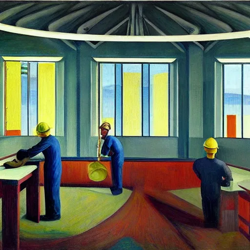 Image similar to hydroelectric dam interior, turbines, workers in hardhats, grant wood, pj crook, edward hopper, oil on canvas