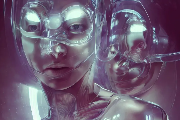 Image similar to androgynous cyborgs creating humans in a sophisticated bio lab, specimens submerged in incubators, sci - fi, neon lighting, sophisticated, futuristic, highly detailed, intricate, sharp focus, digital illustration, smooth, by artgerm, wlop, syd meade, greg rutkowski, trending on artstation