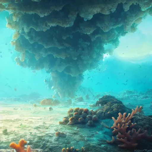 Image similar to beautiful coral reef photorealistic painting, wlop, concept art, octane render, deviantart, greg rutkowski, cinematic, artstation, key art, hyperrealism