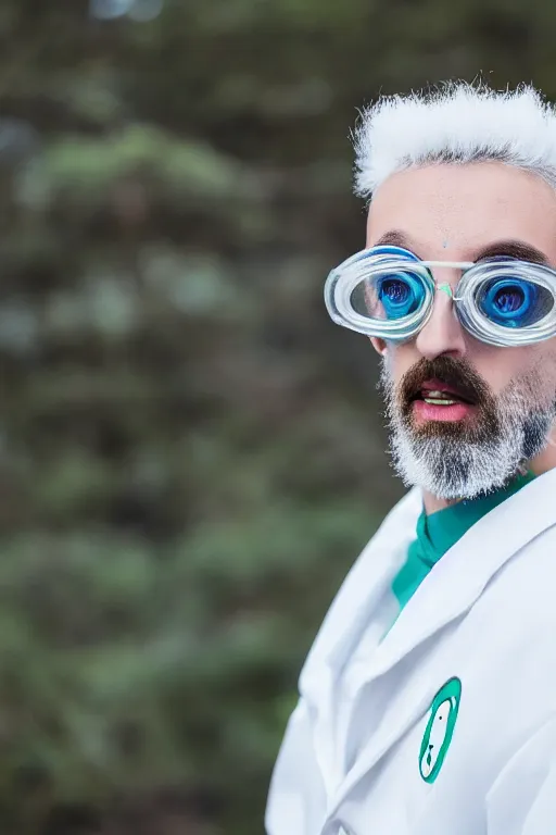 Image similar to real life pickle rick with white labcoat and blue spiky hair, zeiss lens, photography