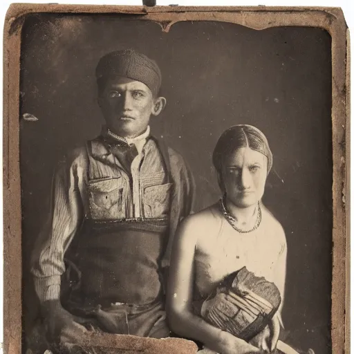 Image similar to Tintype photograph of found objects displayed in an ethnographic museum, archive material, anthropology, 1920s studio lighting.