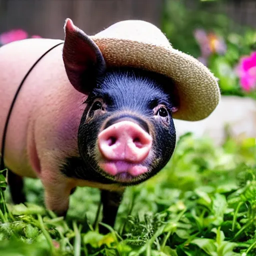 Prompt: a miniature pig wearing a cute hat!!! summer garden! hyper realistic!! realistic lighting!! wildlife photograph of the year!!! bold natural colors, national geographic, hd, wide angle, 8 k