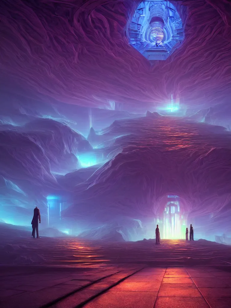 Image similar to entrance to ethereal realm, god waiting, rendered in unreal engine, central composition, symmetrical composition, dreamy colorful cyberpunk colors, 6 point perspective, fantasy landscape with anthropomorphic!!! terrain!!! in the styles of igor morski, jim warren, and rob gonsalves, intricate, hyperrealistic, volumetric lighting, big sky, distinct horizon