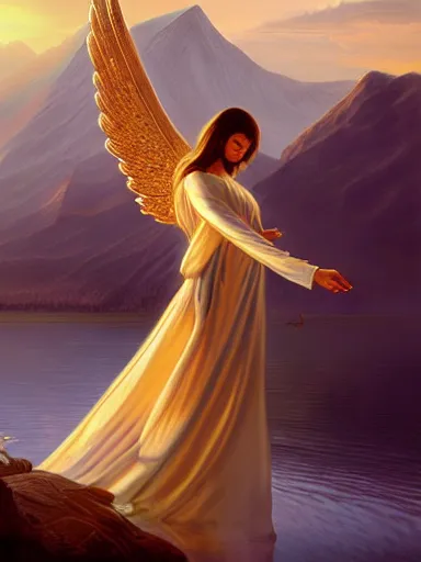 Image similar to an angel large wings and white robe holding a golden chalice in a lake with the sun rising above the mountains in the background. intricate, elegant, highly detailed, digital painting, artstation, concept art, sharp focus, illustration, by justin gerard and artgerm, 8 k