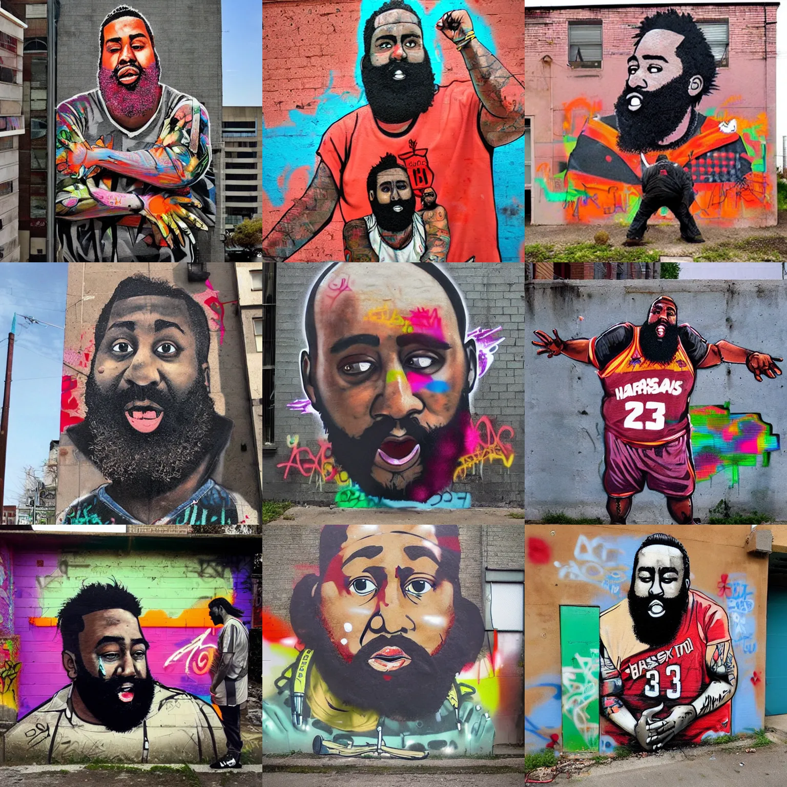 Prompt: Urban Graffiti, Fat James Harden, by Banksy Okamura and Bordalo, trending on Artstation