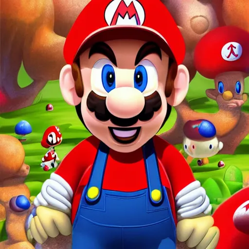 Image similar to a realistic portrait of chris pratt dressed as super mario running in a field of mushrooms by android jones