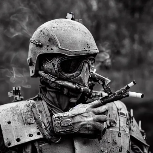 Image similar to Dying British mercenary wearing grey body armor smoking a cigarette in the aftermath of a bloody battle, photo by Adam Ferguson, Pulitzer Winning, cinematic composition, breathtaking, modern, 2022