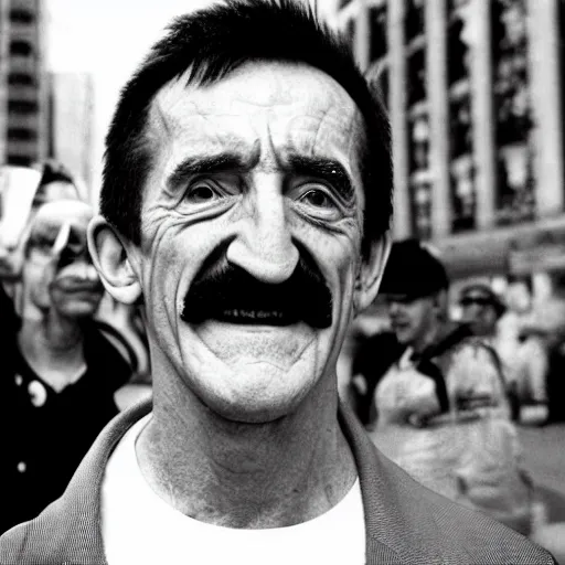 Prompt: Portrait of Barry Chuckle at ground zero, selfie, 2001, photograph by B. Chuckle