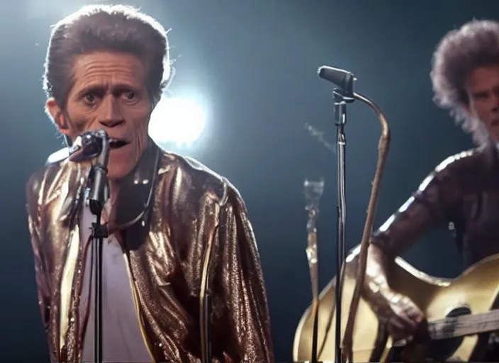 Image similar to film still of Willem Dafoe singing on stage in the new QUEEN movie, 4k