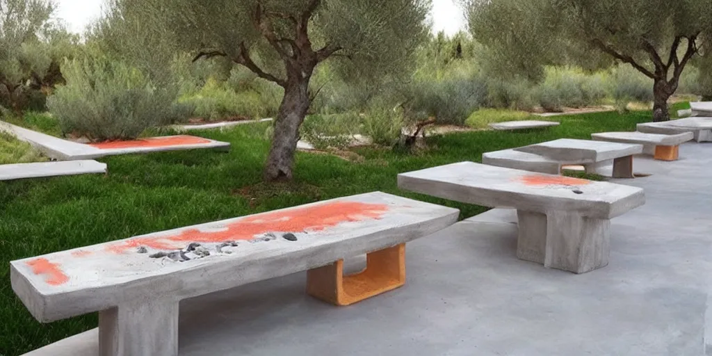 Image similar to creative concrete benches, colorful, olive trees, decking