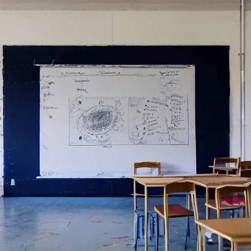 Prompt: a abandoned classroom with scientific drawing on chalkboard, Navy Fabric by Dear Stella