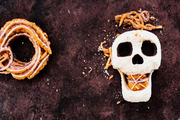 Image similar to aztec skull made of churros, food photography, food stylist, 35mm, centered, uncropped