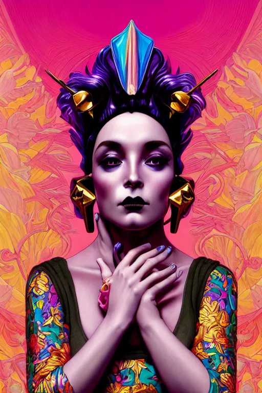 Prompt: a full body portrait of the lisa frank daftpunk vaporwave diva, gothic, highly detailed, digital painting, crown of skulls, artstation, smooth, sharp focus, illustration, art by artgerm and greg rutkowski and alphonse mucha and william - adolphe bouguereau