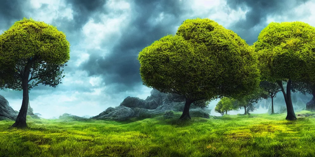 Prompt: windy fantasy landscape with swept-over trees and swept-over extremophile plants, far away landscape shot with visible wind, tilt-shifted, high quality art, 4k