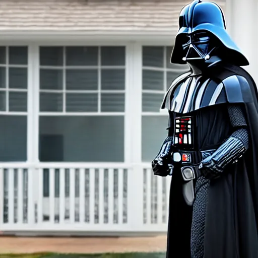 Image similar to Darth Vader buying a house, photo realistic, award-winning, highly-detailed