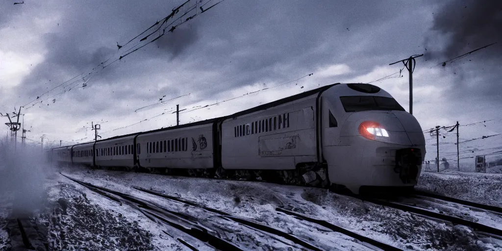 Prompt: a german ice train driving through a hellscape, speed, cinematic, apocalyptic, film still