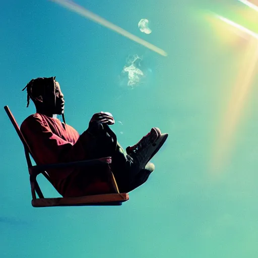 Image similar to Travis Scott sitting on a chair floating over Earth, 4k, Aubrey Powell, vintage photo, lens flare, beautiful cinematography, rainbow, surreal, film grain