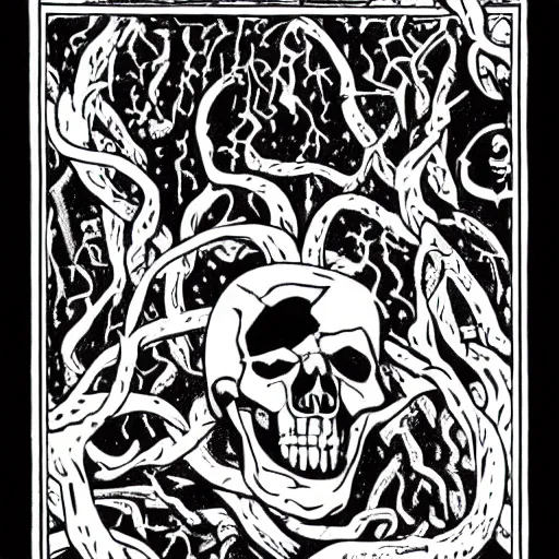 Image similar to A skull, with vines coming out of the eye sockets. Dark Fantasy, Film Noir, Black and White. High Contrast, Mike Mignola, D&D, OSR