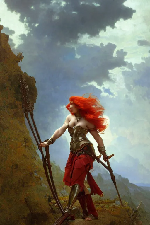 Prompt: full - body matte portrait of a voluptuous red haired valkyrie in a heroic pose and wearing thick bronze plate armor at the top of a mountain holding a spear made of lightning, art by albert bierstadt, alphonse mucha, andreas rocha, greg rutkowski, sharp edges. ultra clear detailed. 8 k. elegant. octane render