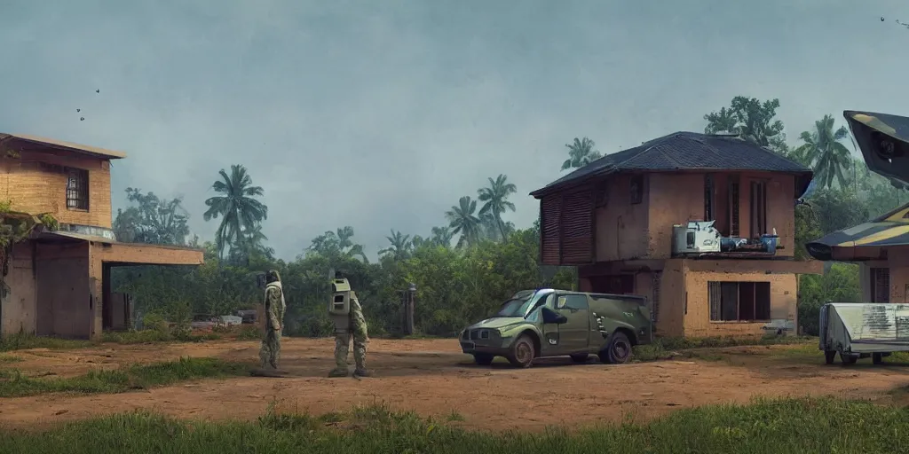 Image similar to a militarised spaceship parked infront of a house in a kerala village, photorealistic, 4k, matte painting, cinematic by simon stalenhag