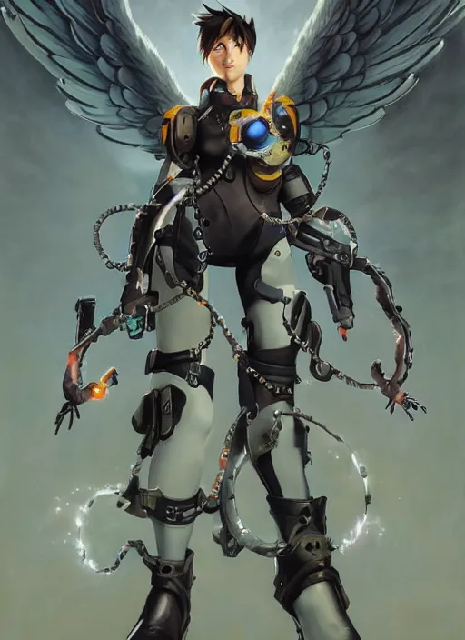 Image similar to full body artwork of tracer overwatch, wearing leather collar, in style of zdzisław beksinski, angel wings, dramatic painting, symmetrical composition, wearing detailed leather collar, black shiny armor, chains, black harness, detailed face and eyes,