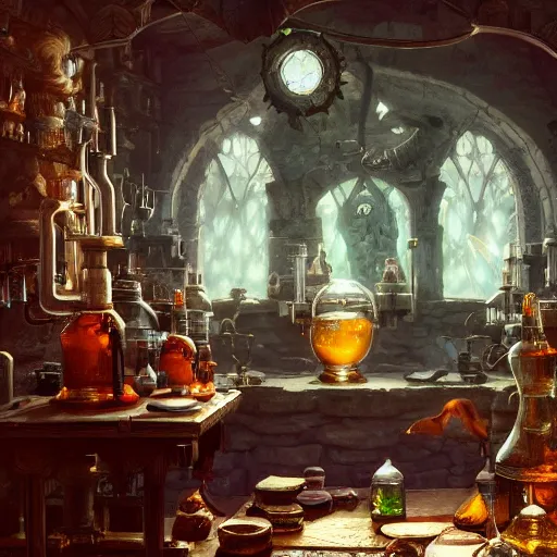 Prompt: corgi alchemist in a laboratory full of arcane trinkets, d & d character art, hyperrealistic, intricate, extremely detailed digital illustration, magical glow, mystical, fantasy, greg rutkowski, trending on artstation, 8 k