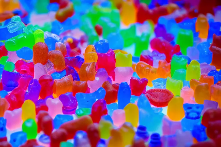 Prompt: desert oasis made of gummy candy, 8 5 mm bright - light photography,