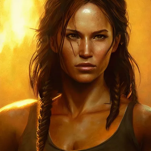 Image similar to Lara Croft portrait, atmospheric lighting, painted, intricate, volumetric lighting, beautiful, rich deep colors masterpiece, golden hour, sharp focus, ultra detailed, by Leesha Hannigan, Ross Tran, Thierry Doizon, Kai Carpenter,Ignacio Fernández Ríos