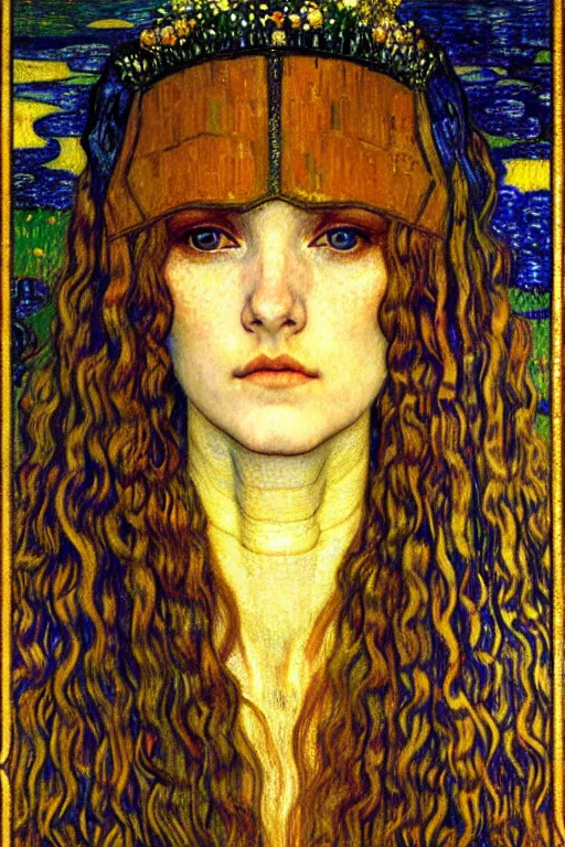 Image similar to detailed realistic beautiful young medieval queen face portrait by jean delville, gustav klimt and vincent van gogh, art nouveau, symbolist, visionary, gothic, pre - raphaelite, muted earthy colors, desaturated