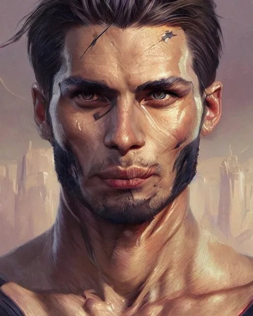 Prompt: '' Face portrait of a handsome fighter, reptile skin, reptile eyes, long hair with a ponytail , sci-fy, cyberpunk, high detail, 4k , digital painting, artstation, concept art, sharp focus, illustration, art by greg rutkowski and alphonse mucha ''