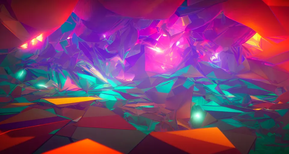 Prompt: abstract astral dreamscape of colorful 3 d geomtric shapes with dark!!!! and moody light and shadows, 3 d video game, futuristic, science fiction, atmosphere, octane render, depth of field, unreal engine 5, vibrant colors, trending on artstation, ultra high detail, ultra realistic, cinematic, focused, 8 k