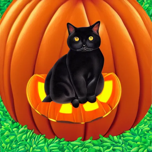 Prompt: a chubby black shorthair cat with white whiskers sitting in a pumpkin patch at night, digital art