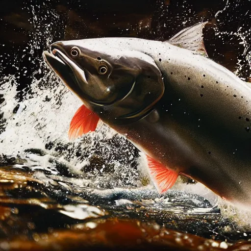 Image similar to movie still of a jumping salmon in alaska, splash art, photorealistic features, cinematic lighting, dramatic, octane render, long lens, shallow depth of field, bokeh, anamorphic lens flare, hyper detailed, 3 5 mm film grain