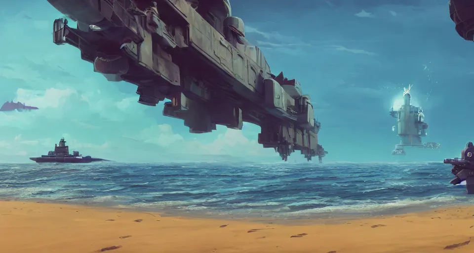 Prompt: A very beautiful serene coast landscape scene with a GIANT MECHA style BATTLESHIP looming in the distance, bright sunny waves splashing on the beach, rendered by simon stålenhag, rendered by Beeple, Makoto Shinkai, syd meade, environment concept, digital art, Gundam style, starwars, unreal engine, 3 point perspective, WLOP, trending on artstation, low level, 4K UHD image, octane render,