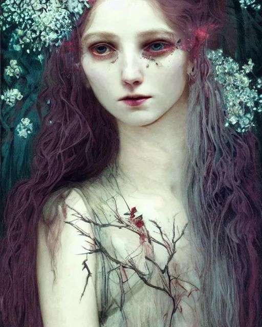 Prompt: a beautiful but creepy young woman in layers of fear, with haunted eyes, violence in her eyes, crazy white hair, wearing vivienne westwood, 1 9 7 0 s, seventies, delicate embellishments, a little blood, woodland, moonlight shining on wildflowers, painterly, offset printing technique, by alexandre cabanel