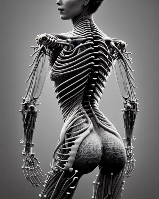 Image similar to raw bw 3 d redshift render flesh biomechanical intricate spinal ribbed jelly body detail of mechanical female vegetal - cyborg, beautiful insanely detailed, digital art, octane render, 8 k artistic photography, photo - realistic, unreal engine