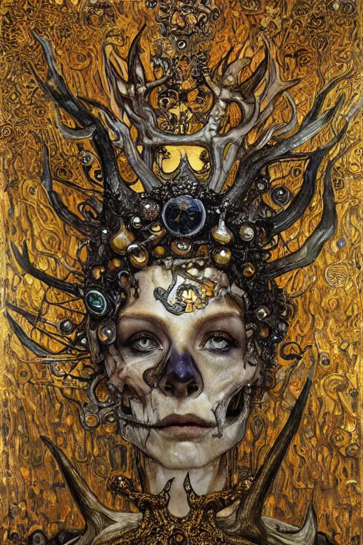 Image similar to The Crown of Bones by Karol Bak, Jean Deville, Gustav Klimt, and Vincent Van Gogh, mystic eye, otherworldly, crown made of bones, antlers, horns, ornate jeweled crown, skull, fractal structures, arcane, inferno, inscribed runes, infernal relics, ornate gilded medieval icon, third eye, spirals, rich deep moody colors