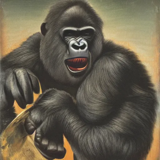 Prompt: a gorilla with sunglasses destroying an oil tank, very high detail, joyful