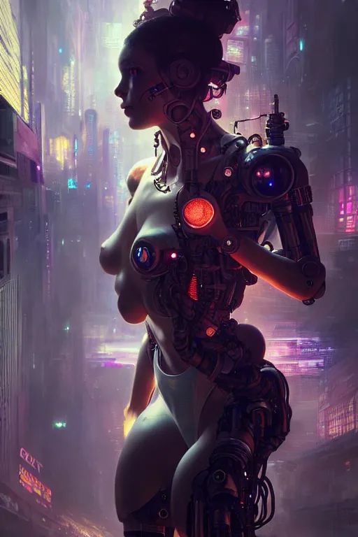 Image similar to ultra realistic, beautiful female cyborg in a crowded smoky cyberpunk club in space megalopolis, sci - fi, intricate details, eerie, highly detailed, octane render, 8 k, art by artgerm and alphonse mucha and greg rutkowski